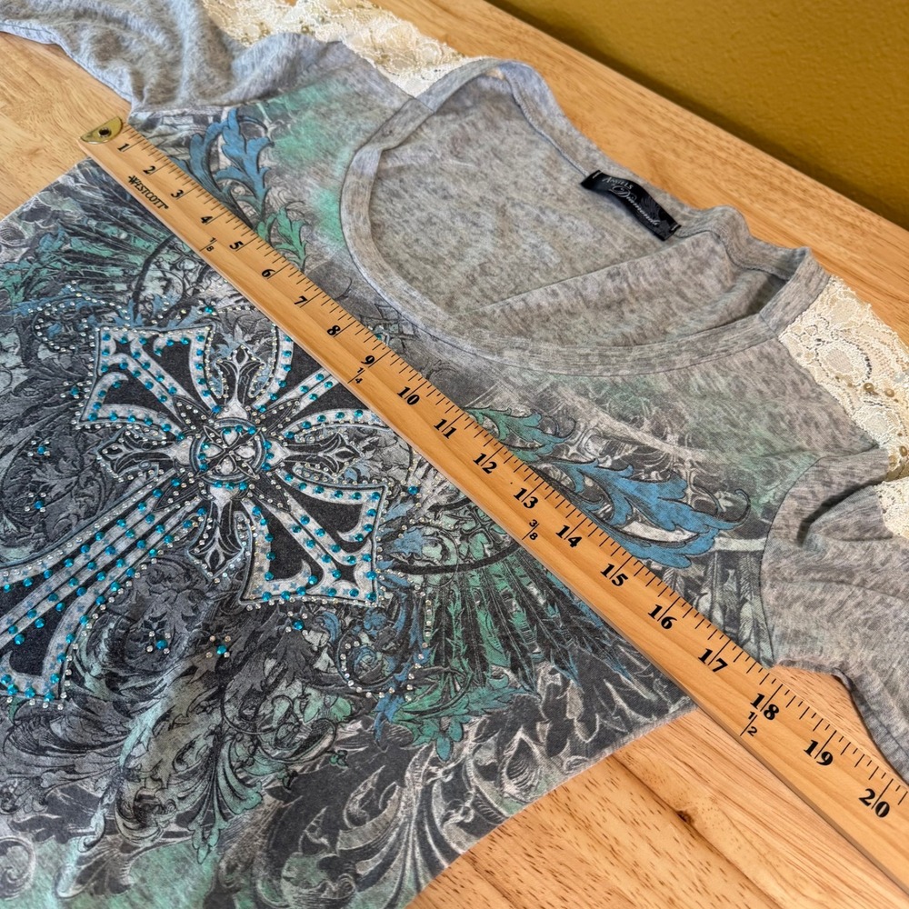 Y2K Angels & Diamonds Cross Graphic Rhinestone Lace Top Size M Bling Embellished - Picture 8 of 10